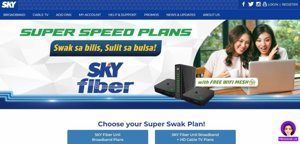 SKY Fiber Unli Broadband Plan 999 Homepage