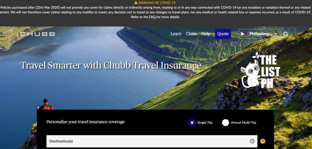Chubb Travel Insurance Philippines Homepage
