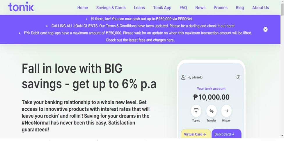 Tonik Bank Homepage