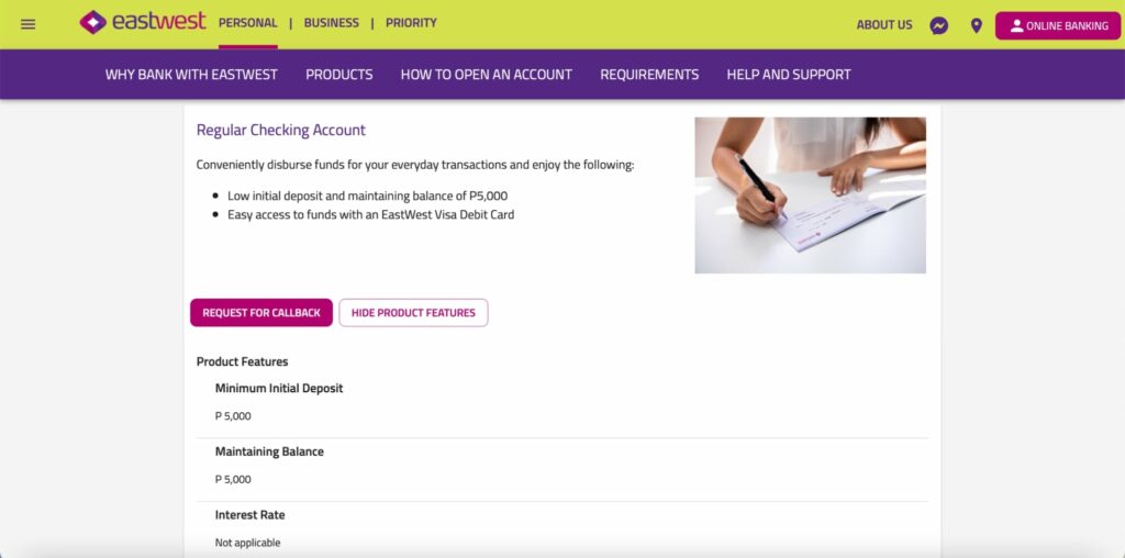 EastWest Regular Checking Account Homepage