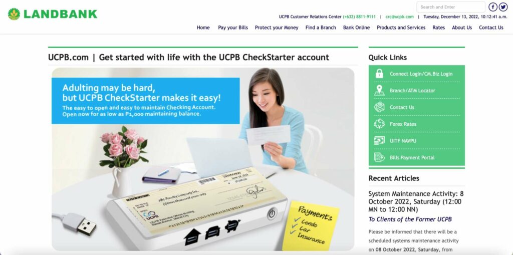 UCPB CheckStarter Account Homepage